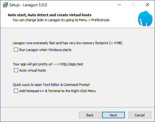 Select additional settings to install Laragon